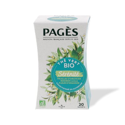 thé vert sérénité BIO Thé vert Bio feuilles d'Oranger, Rooibos et saveur fleur d'Oranger -  Pagès - 20 sachets
